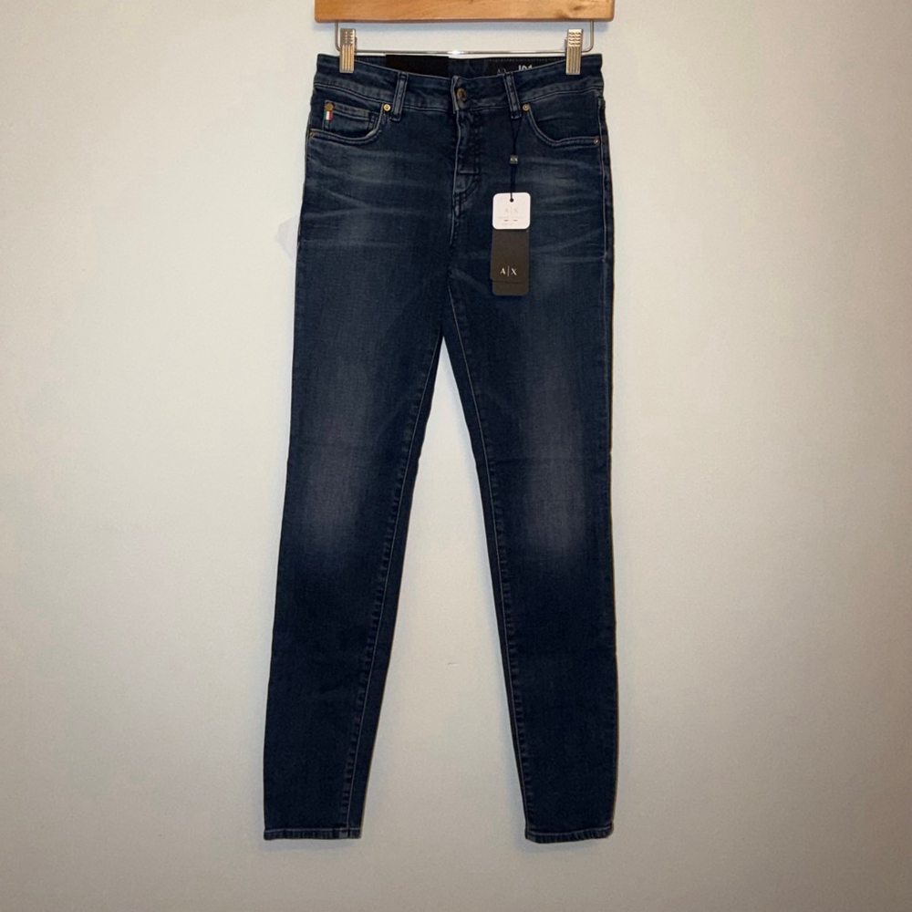 Armani Exchange J01 Super Skinny 5 Pocket Jean NWT 27R Dark Wash Italy Whiskered